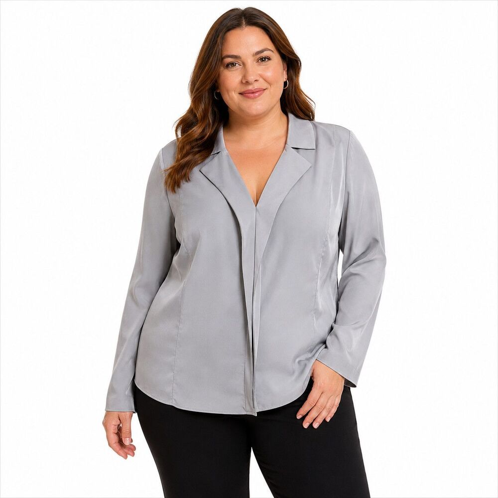 Elie Tahari Blouse Womens Large Gray Silk Stretch Collared Long Sleeve Top